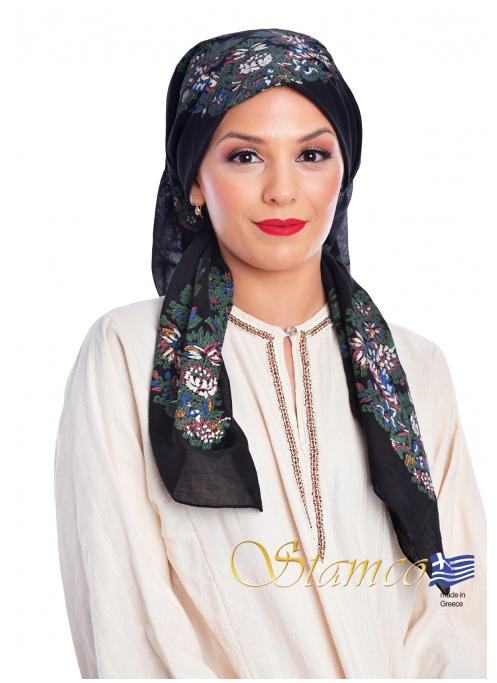 Greek Cotton Black Floral Scarf 